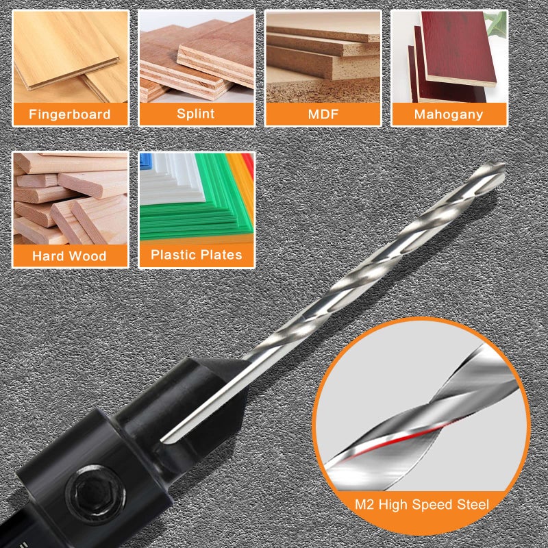 DECKRKAT 5-pc Woodworking Countersink Counterbore Drill Bit Set 3in1 for #6 8 10 12 16 Screws, M2 Pilot Drill Bits Adjustable Depth, 82-Degree Chamfer with Stop, 1/4Hex Shank, Includes 2 Allen Wrenches - Image 5